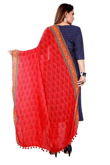 Red Color Kalamkari And Floral Printed Chiffon Dupatta With Tassels